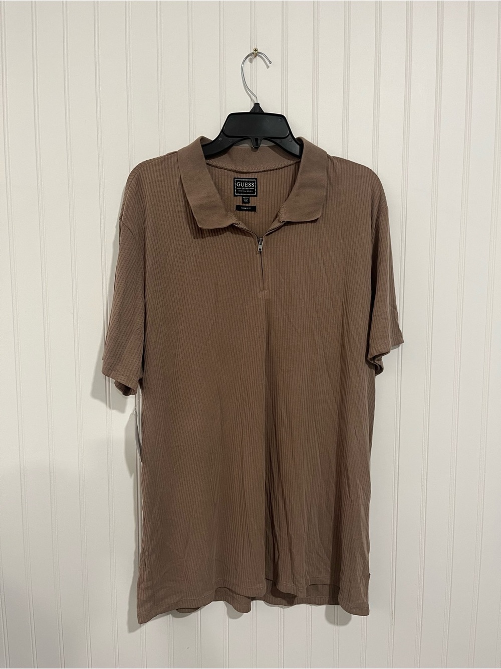 GUESS Men’s Short Sleeve Zip Polo in Taupe Brown